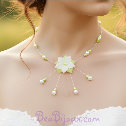 Collier mariage fleur blanc vert anis