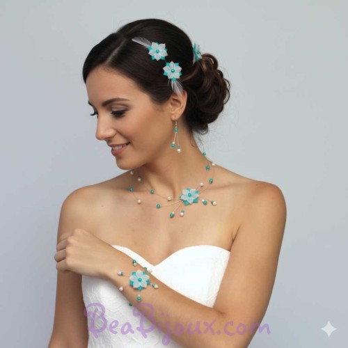 Collier mariage fleur bleu turquoise et blanc