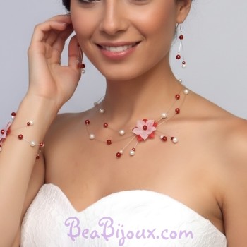 Collier mariage fleur rouge et blanc CO1285A