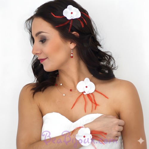 Collier mariage orchidée blanc et rouge