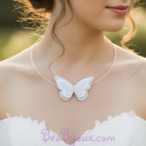 Collier mariage papillon blanc et argent