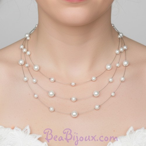 Collier mariage blanc 3 rangs