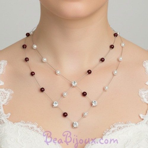 Collier mariage blanc et  bordeaux et strass