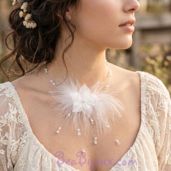 Collier mariage fleur plumes blanc cristal CO1239A Collier mariage fleur plumes blanc cristal CO1239A