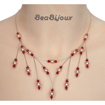 Collier mariage ivoire et cristal rouge CO1207A