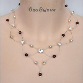 Collier mariage ivoire et chocolat + strass CO1214A