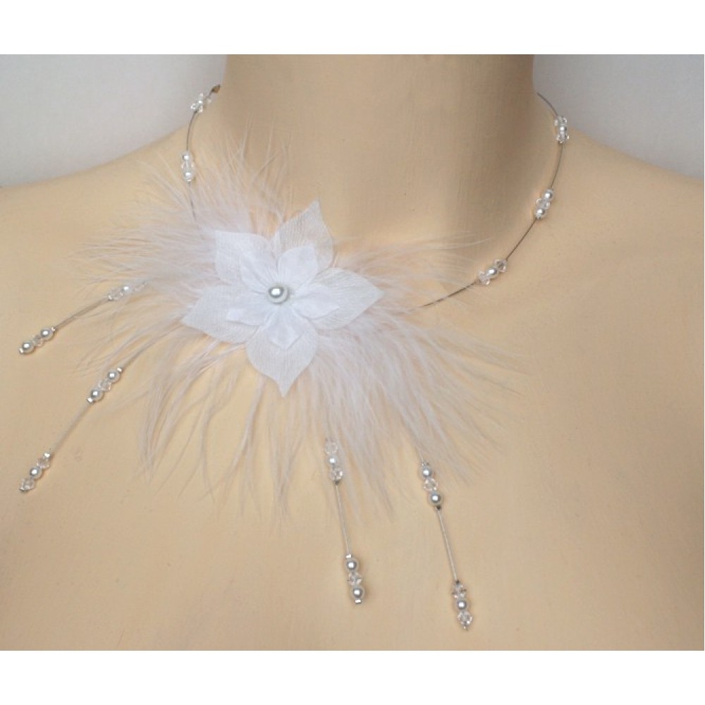 Collier mariage fleur plumes blanc cristal Collier mariage fleur plumes blanc cristal