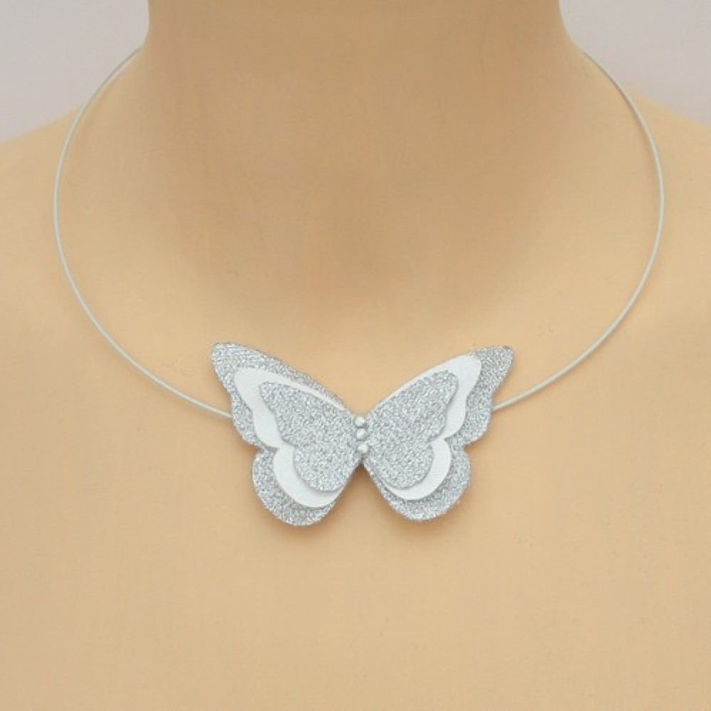 Collier mariage papillon blanc et argent