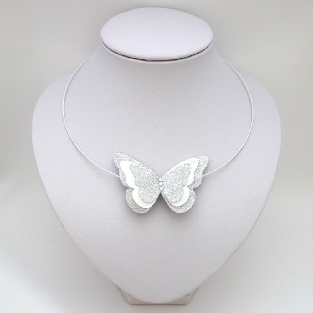 Collier mariage papillon blanc et argent