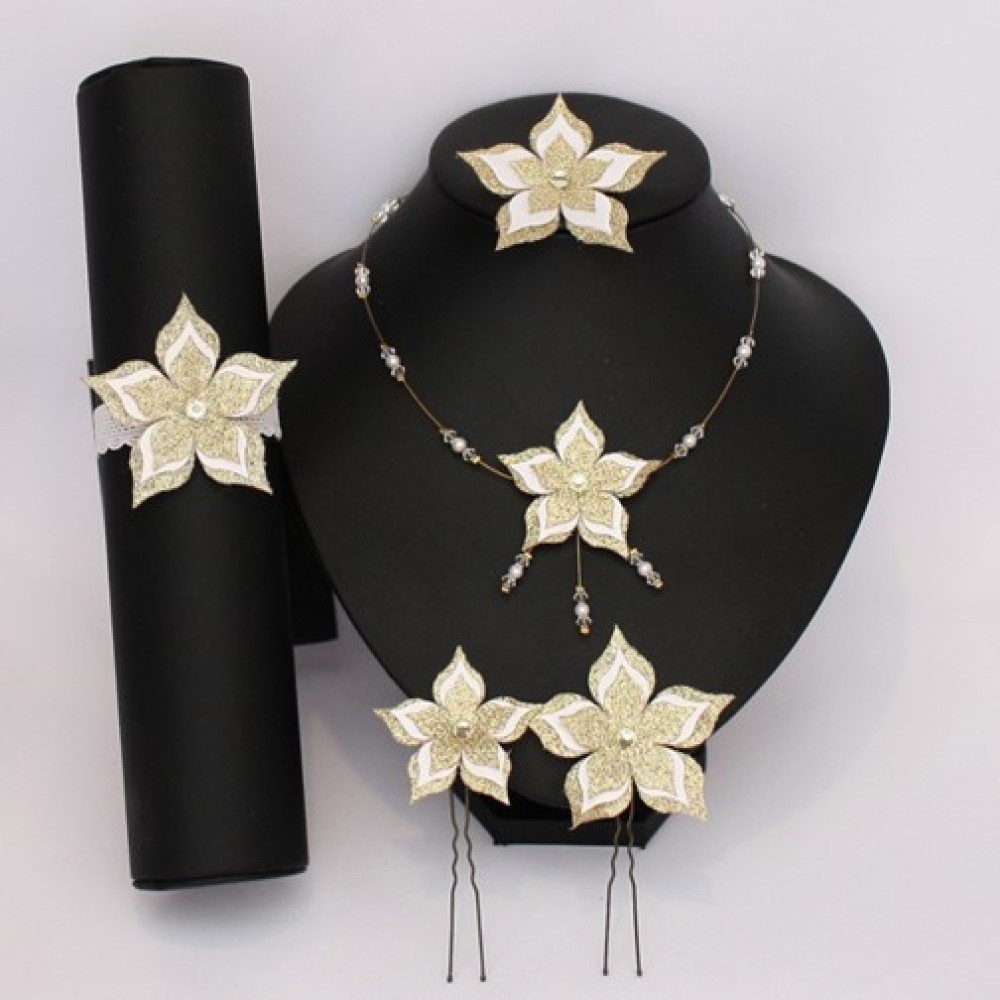 Collier mariage fleur blanc et or