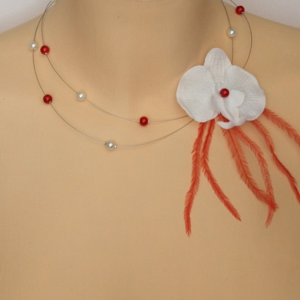 Collier mariage orchidée blanc et rouge