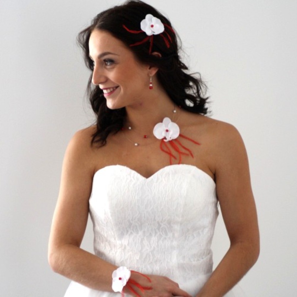 Collier mariage orchidée blanc et rouge