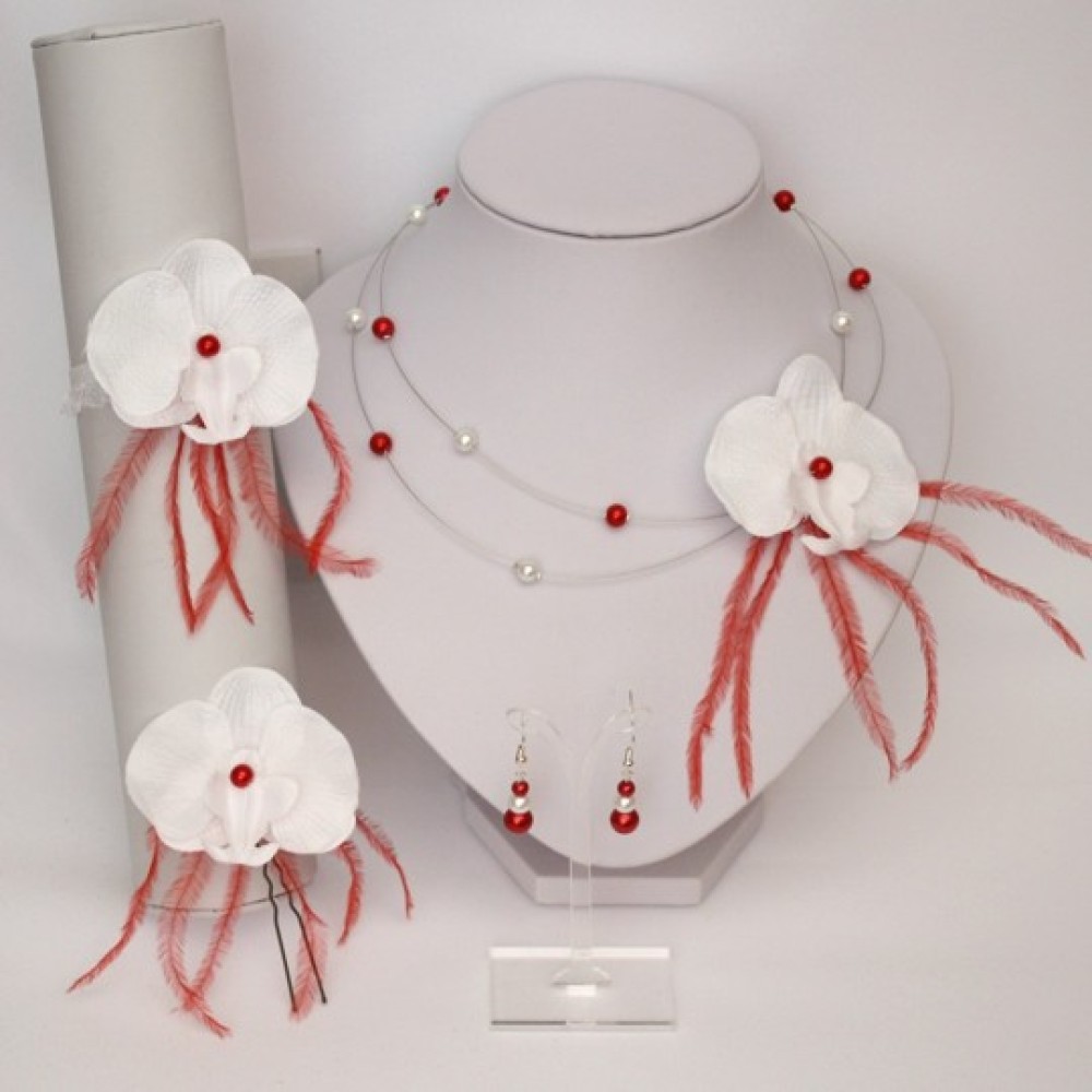 Collier mariage orchidée blanc et rouge