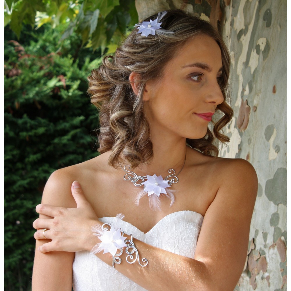 Bracelet mariage argent blanc fleur plumes Bracelet mariage argent blanc fleur plumes