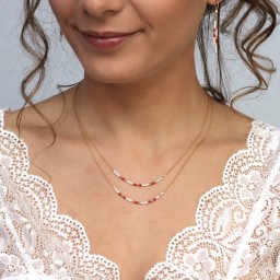 Collier double rang or blanc et rouge CO6014