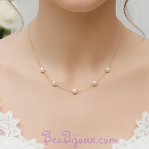 Collier mariage perles blanc et or