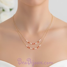Collier double rang or blanc et rouge CO6014