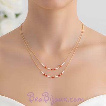 Collier double rang or blanc et rouge CO6014