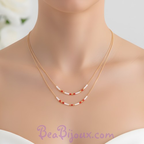 Collier double rang or blanc et rouge