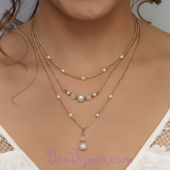 Collier mariage 3 rangs or et blanc CO6006