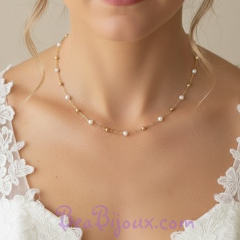 Collier mariage perles nacrées et acier doré CO5010