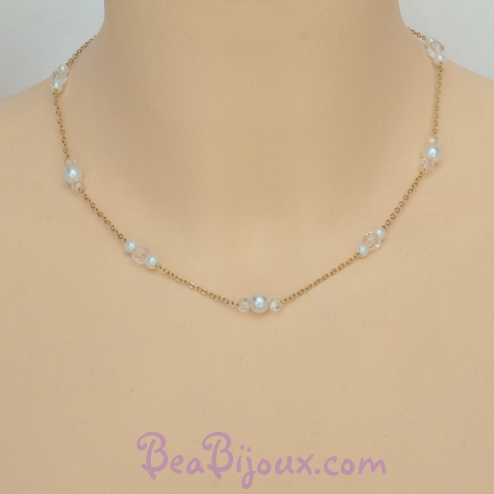 Collier mariage perles blanches et verre facetté Collier mariage perles blanches et verre facetté
