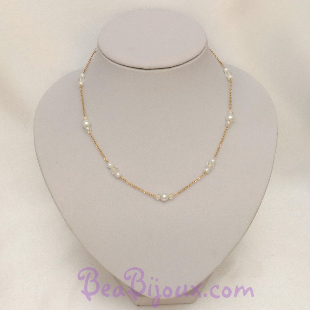 Collier mariage perles blanches et verre facetté Collier mariage perles blanches et verre facetté