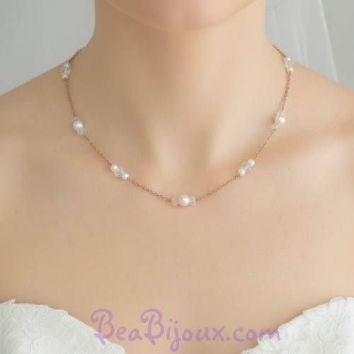 Collier mariage perles blanches et verre facetté
