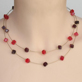 Collier 2 rangs perles cube rouge CO1176A