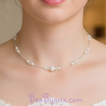 Collier mariage ras de cou blanc et cristal CO4288A