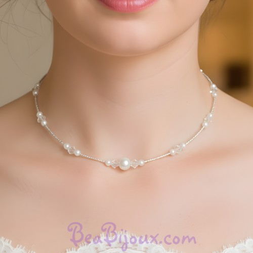 Collier mariage ras de cou blanc et cristal