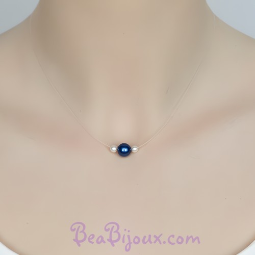 Collier perles bleu marine blanc