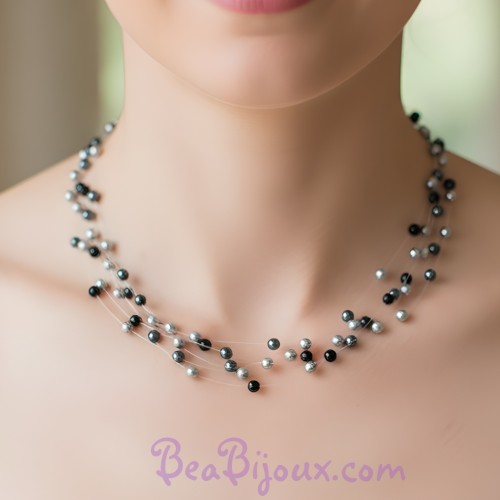 Collier perles gris et noir