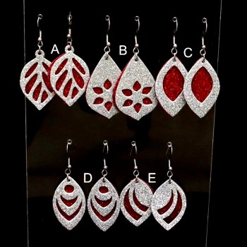 Boucles d'oreilles simili cuir pailleté argent rouge BOS1002A
