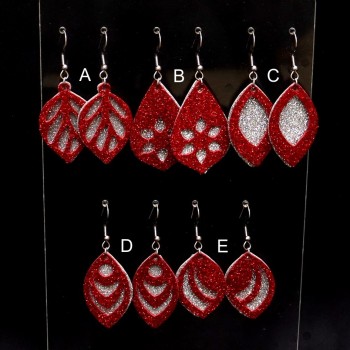 Boucles d'oreilles simili cuir pailleté rouge argent BOS1010A