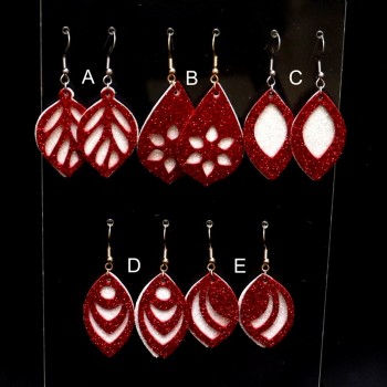 Boucles d'oreilles simili cuir pailleté rouge blanc irisé  BOS1006A