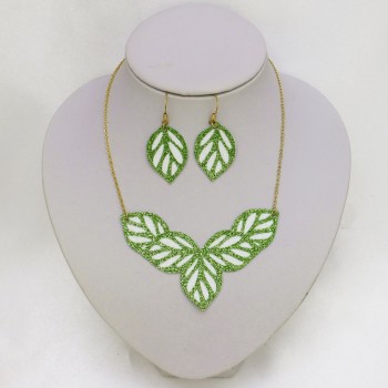 Parure feuilles pailletées vert et blanc PAS1101A