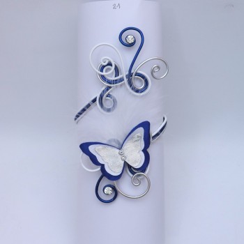 3 Bracelets mariage papillons blanc, bleu roi et argent + plumes pour Lucie